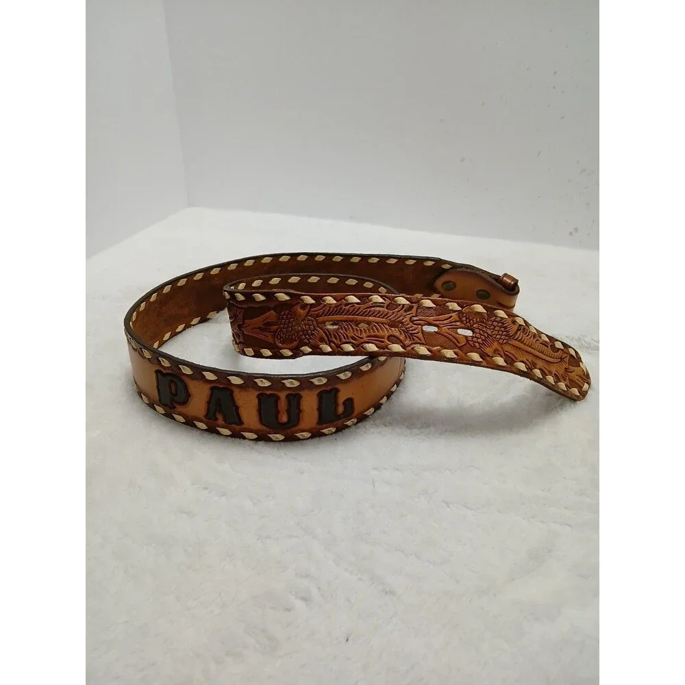 ​Vintage‎ Hand Tooled Brown Leather Belt Floral PAUL Embossed Weave Edge Size 34